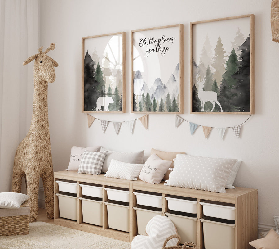 Woodland nursery, mountain wall art, tree nursery decor, adventure theme nursery, forest, sage green, beige, woodland animals