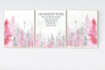 Nursery decor woodland, mountain wall art, pink gold nursery decor, adventure theme nursery, forest, pink and gray, woodland animals
