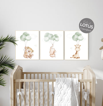 Nursery wall art animals, green nursery, gender neutral nursery, sage green, baby room decor, bear, elephant, giraffe, animal prints