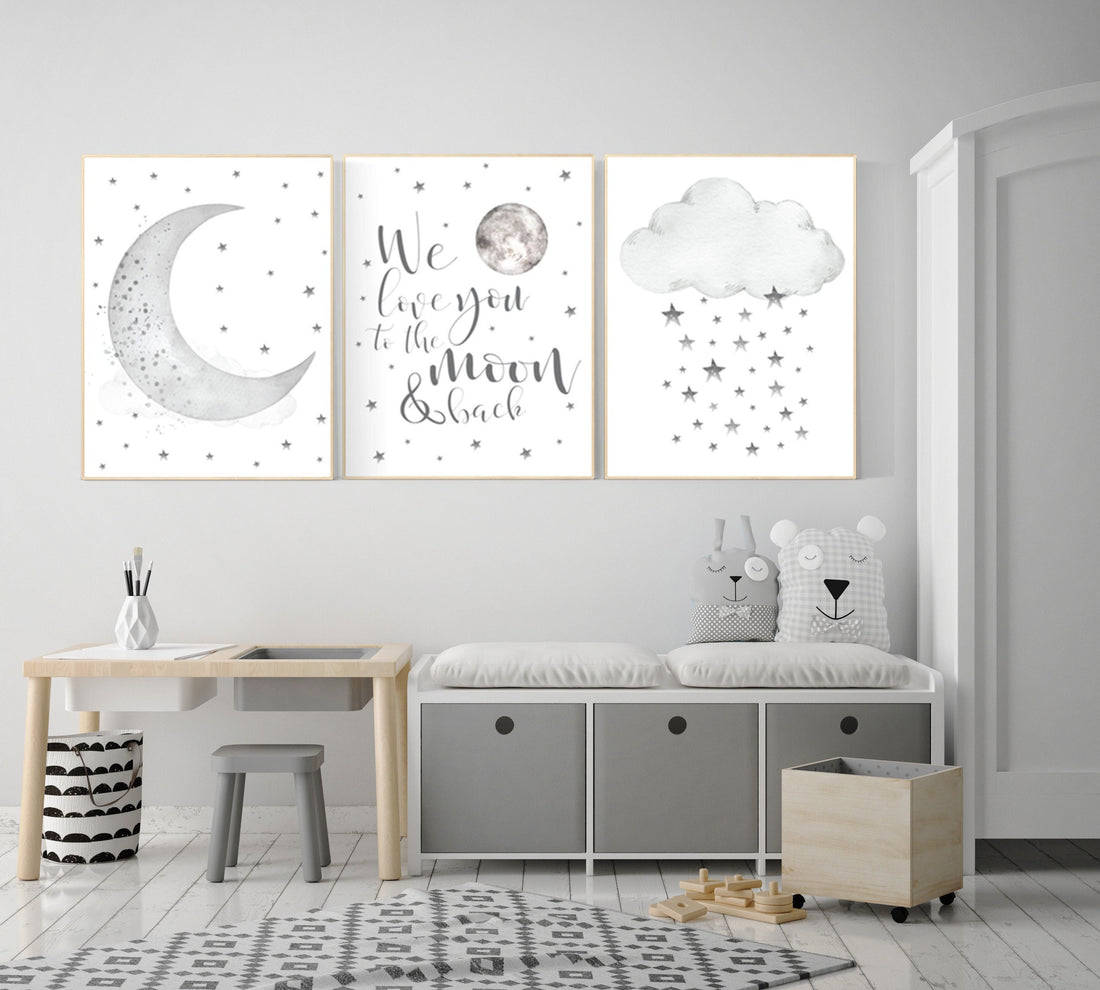 Nursery wall art grey, gray nursery, nursery decor neutral, baby room decor gender neutral, moon and stars, grey nursery decor baby room art