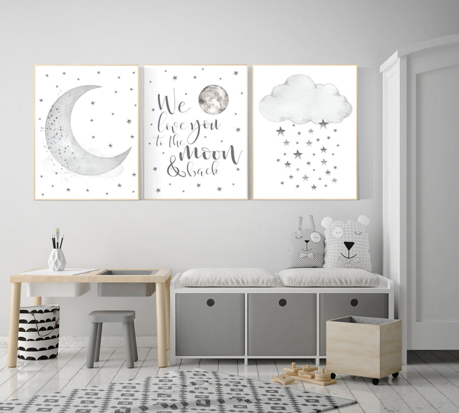 Nursery wall art grey, gray nursery, nursery decor neutral, baby room decor gender neutral, moon and stars, grey nursery decor baby room art