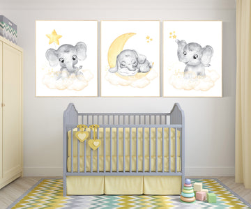 Nursery decor neutral, Yellow nursery, nursery wall art elephant, moon, stars, gender neutral, yellow and gray nursery art, baby room art