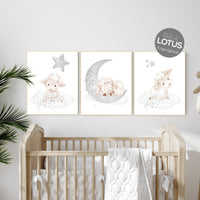 Sheep nursery decor, Gray nursery decor, nursery decor lambs, nursery wall art sheep, moon and cloud wall art nursery gender neutral nursery