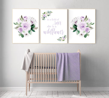 Nursery decor girl lavender, Nursery decor girl flower, purple, in a field of roses she is a wildflower, lilac, girl nursery wall art floral