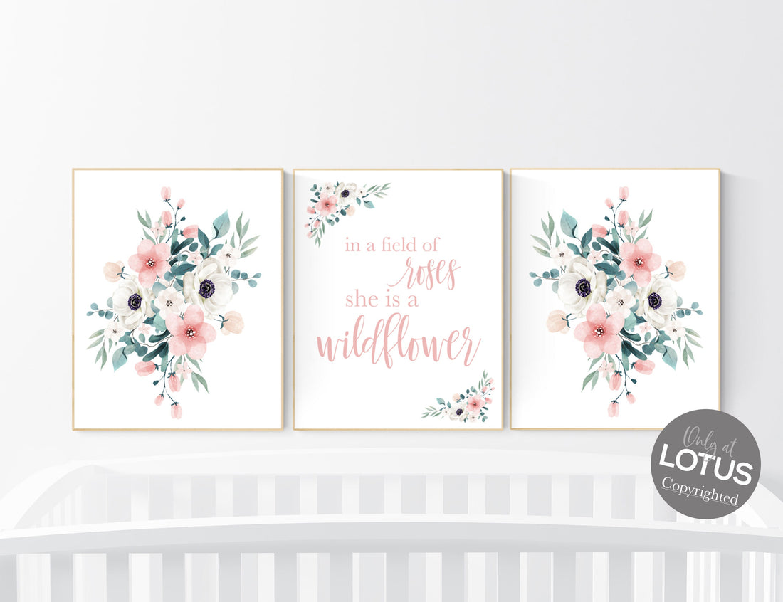 Nursery decor girl blush, In a field of roses she is a wildflower, nursery decor girl floral, peach nursery decor, flower nursery