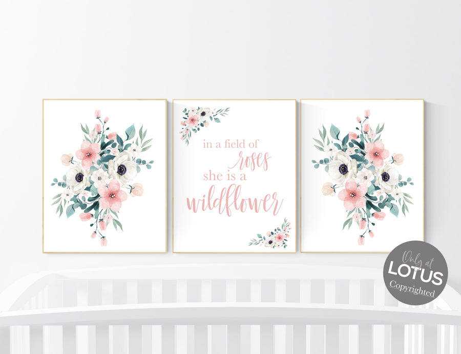 Nursery decor girl blush, In a field of roses she is a wildflower, nursery decor girl floral, peach nursery decor, flower nursery