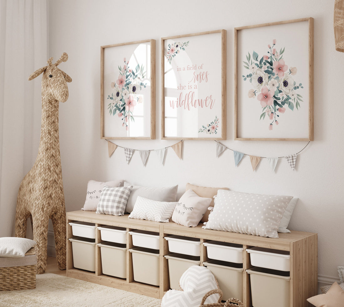 Nursery decor girl blush, In a field of roses she is a wildflower, nursery decor girl floral, peach nursery decor, flower nursery