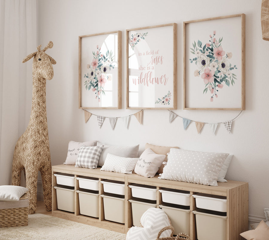 Nursery decor girl blush, In a field of roses she is a wildflower, nursery decor girl floral, peach nursery decor, flower nursery