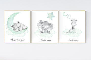 Nursery wall art animals, Nursery wall art mint and gray, baby room decor mint and gray, woodland, jungle, elephant, giraffe, bear, prints