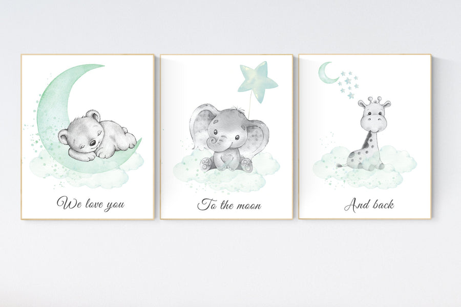 Nursery wall art animals, Nursery wall art mint and gray, baby room decor mint and gray, woodland, jungle, elephant, giraffe, bear, prints