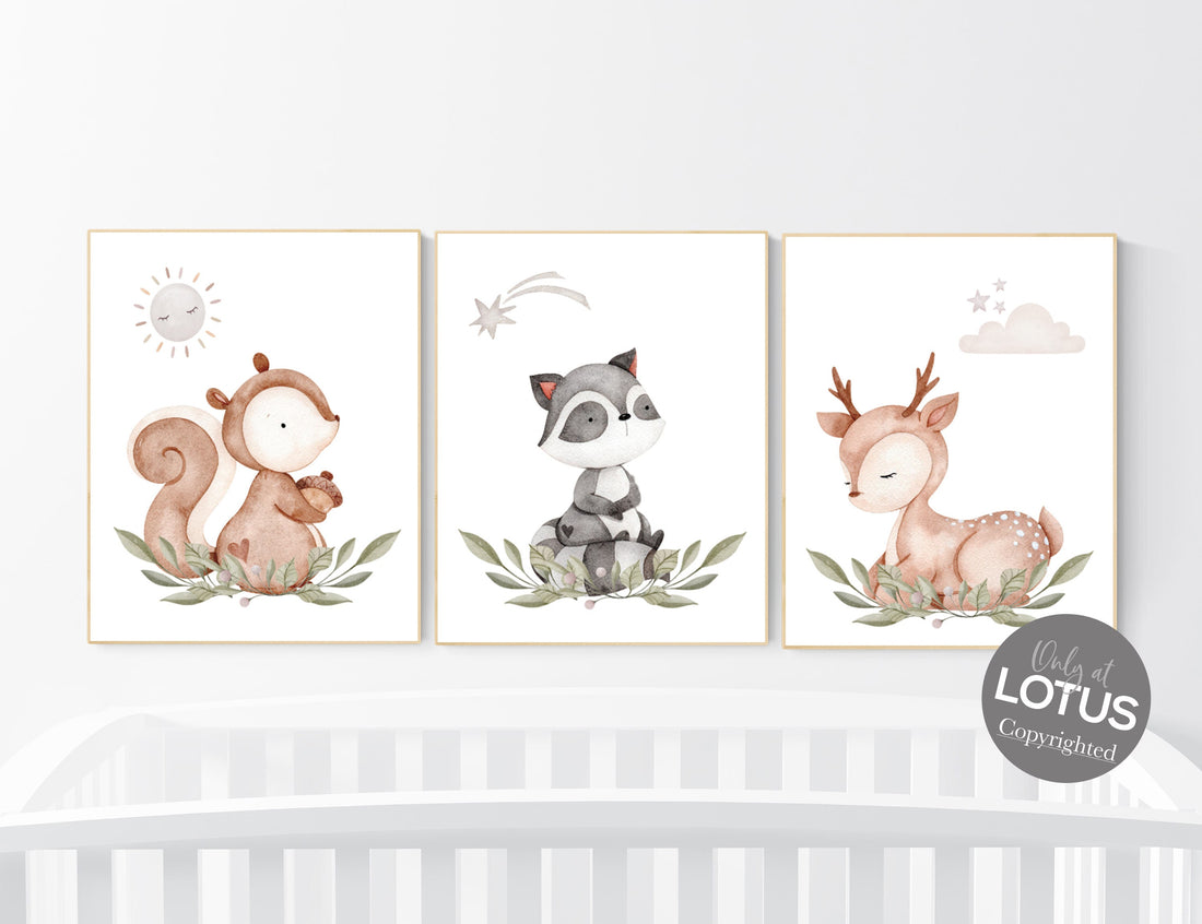 Animal nursery decor, woodland nursery prints, jungle animals, gender neutral nursery, Woodland Nursery, animal prints, fox, deer, raccoon