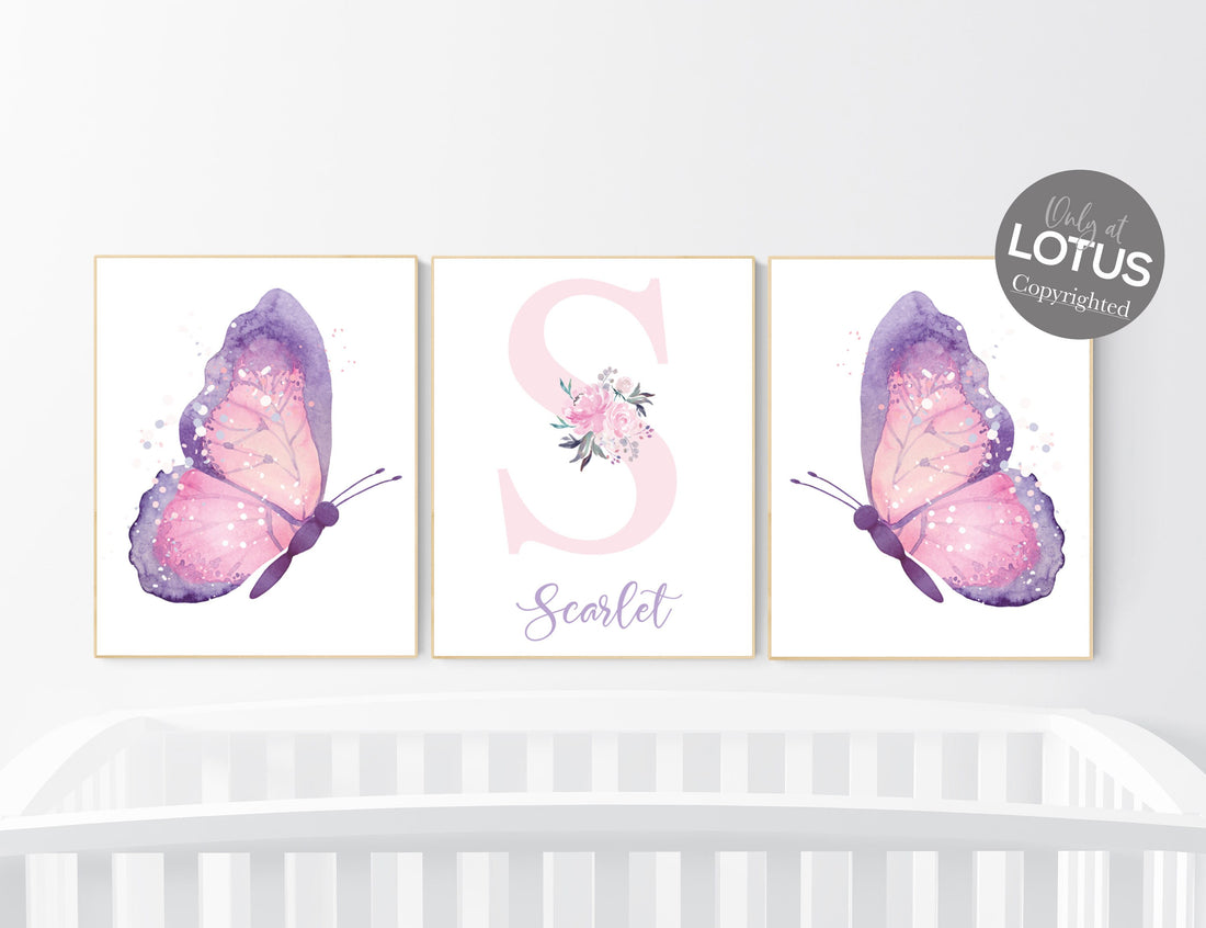 Purple pink nursery, nursery decor girl name, butterfly nursery wall art, Nursery decor girl purple and pink, lavender, lilac, girl nursery