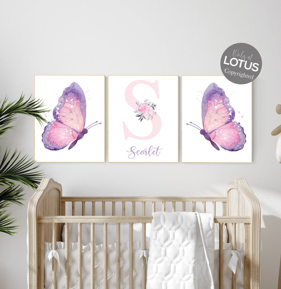 Purple pink nursery, nursery decor girl name, butterfly nursery wall art, Nursery decor girl purple and pink, lavender, lilac, girl nursery