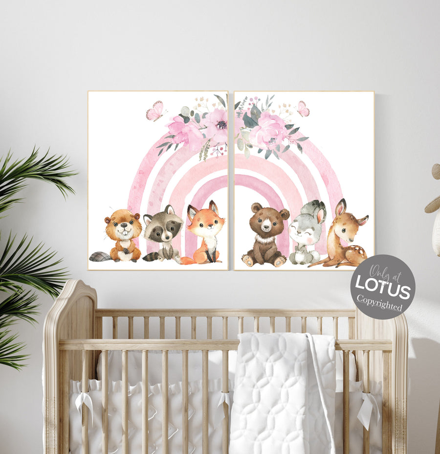 Nursery decor rainbow, Boho Rainbow Set, woodland animals, pink nursery, Nursery Decor boho, girl nursery Ideas, rainbow nursery, set of 2