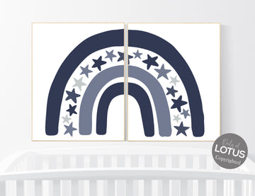 Nursery decor boy rainbow, navy nursery, Nursery Decor boho, rainbow nursery, boys room decor, navy blue rainbow, stars nursery, set of 2