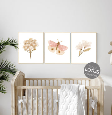 Boho Butterfly Floral Set, Boho nursery, girl nursery decor, Butterfly Nursery Wall Art, Neutral colors, blush nursery, flower nursery