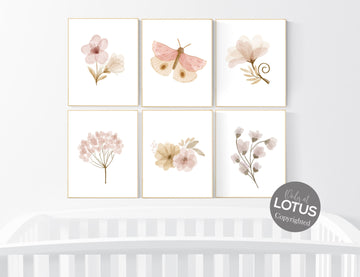 Nursery decor boho, nursery decor girl boho, Boho Butterfly Floral Set, Butterfly Nursery Wall Art, Neutral colors, blush nursery