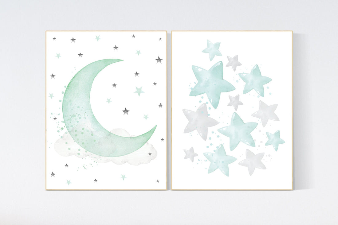 Mint nursery decor, nursery decor stars, gender neutral nursery, moon and stars nursery, mint green nursery, cloud nursery, star nursery art