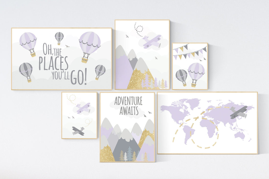 Adventure nursery wall art set, nursery decor girl, travel theme nursery, purple and gold, adventure awaits, world map, lilac and gold