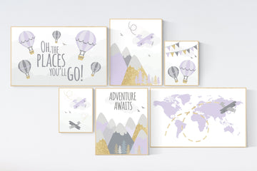 Adventure nursery wall art set, nursery decor girl, travel theme nursery, purple and gold, adventure awaits, world map, lilac and gold