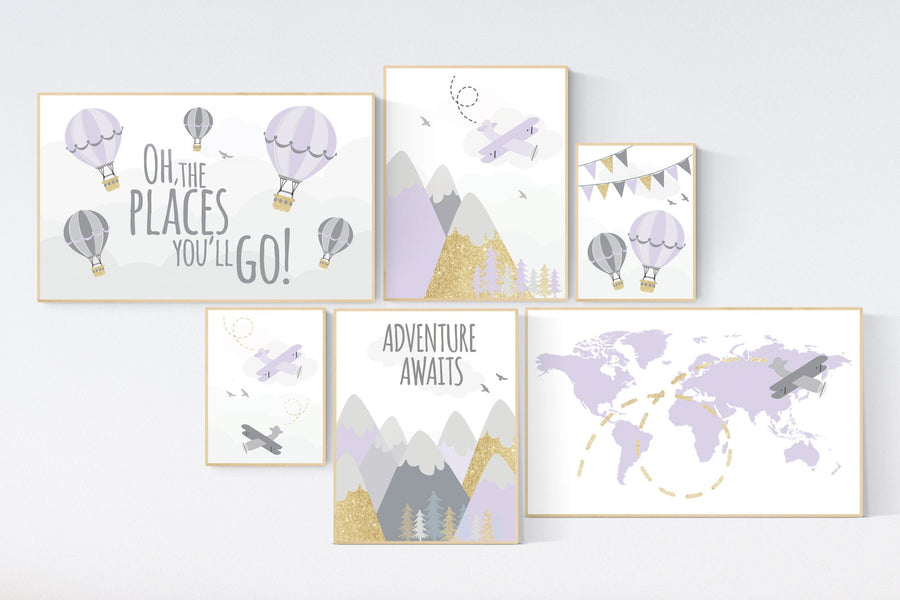 Adventure nursery wall art set, nursery decor girl, travel theme nursery, purple and gold, adventure awaits, world map, lilac and gold