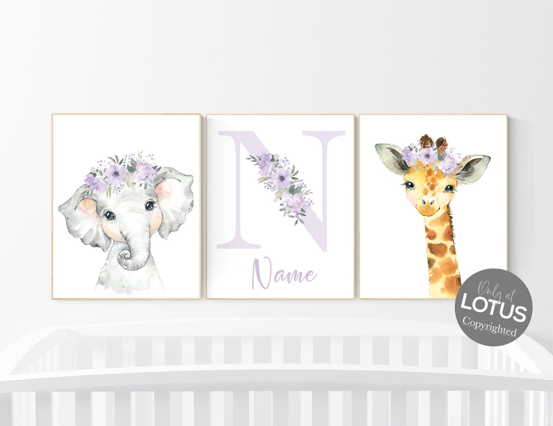 Nursery decor girl purple, animal nursery, Safari animals, Floral Nursery Prints, purple nursery, girls nursery decor, elephant nursery