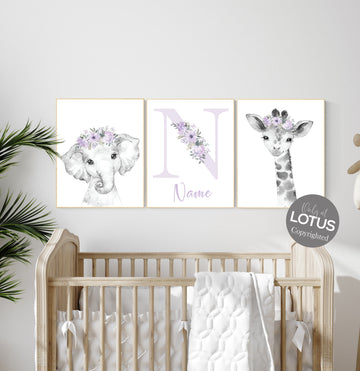 Purple nursery, girl nursery, animal nursery, Safari animals, Floral Nursery Prints, purple nursery, girls nursery decor, elephant nursery