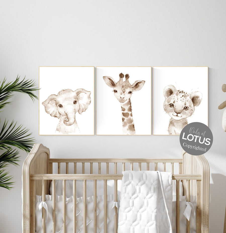 Nursery wall art animals, gender neutral nursery, neutral nursery, baby room decor, elephant, giraffe, animal prints, neutral nursery