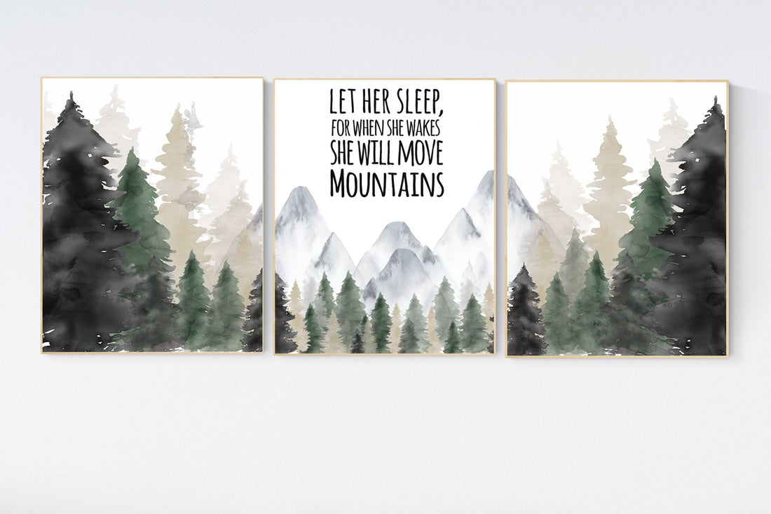 Nursery decor mountain, nursery wall art, tree nursery decor, adventure theme nursery, forest, sage green, beige, woodland animals