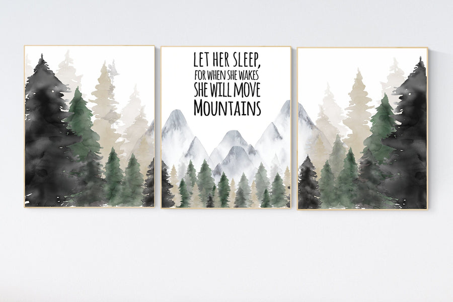Nursery decor mountain, nursery wall art, tree nursery decor, adventure theme nursery, forest, sage green, beige, woodland animals