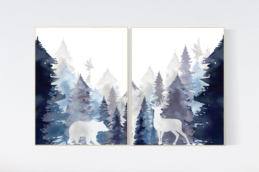 Nursery decor woodland, mountain wall art, tree nursery decor, adventure theme nursery, forest, navy and baby blue, woodland animals