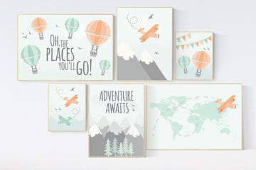 Canvas Listing: Hot air balloon nursery, oh the places you'll go nursery prints, gender neutral nursery decor, nursery wall art boy