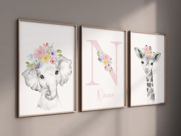 Girl nursery decor, Nursery wall art animals, Safari animals, Floral Nursery Prints, pink nursery, girls nursery decor, elephant nursery
