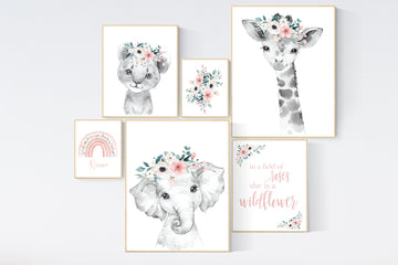 Nursery decor girl animals, blush nursery, animal nursery, Safari animals, Floral Nursery Prints, girls nursery decor, elephant nursery