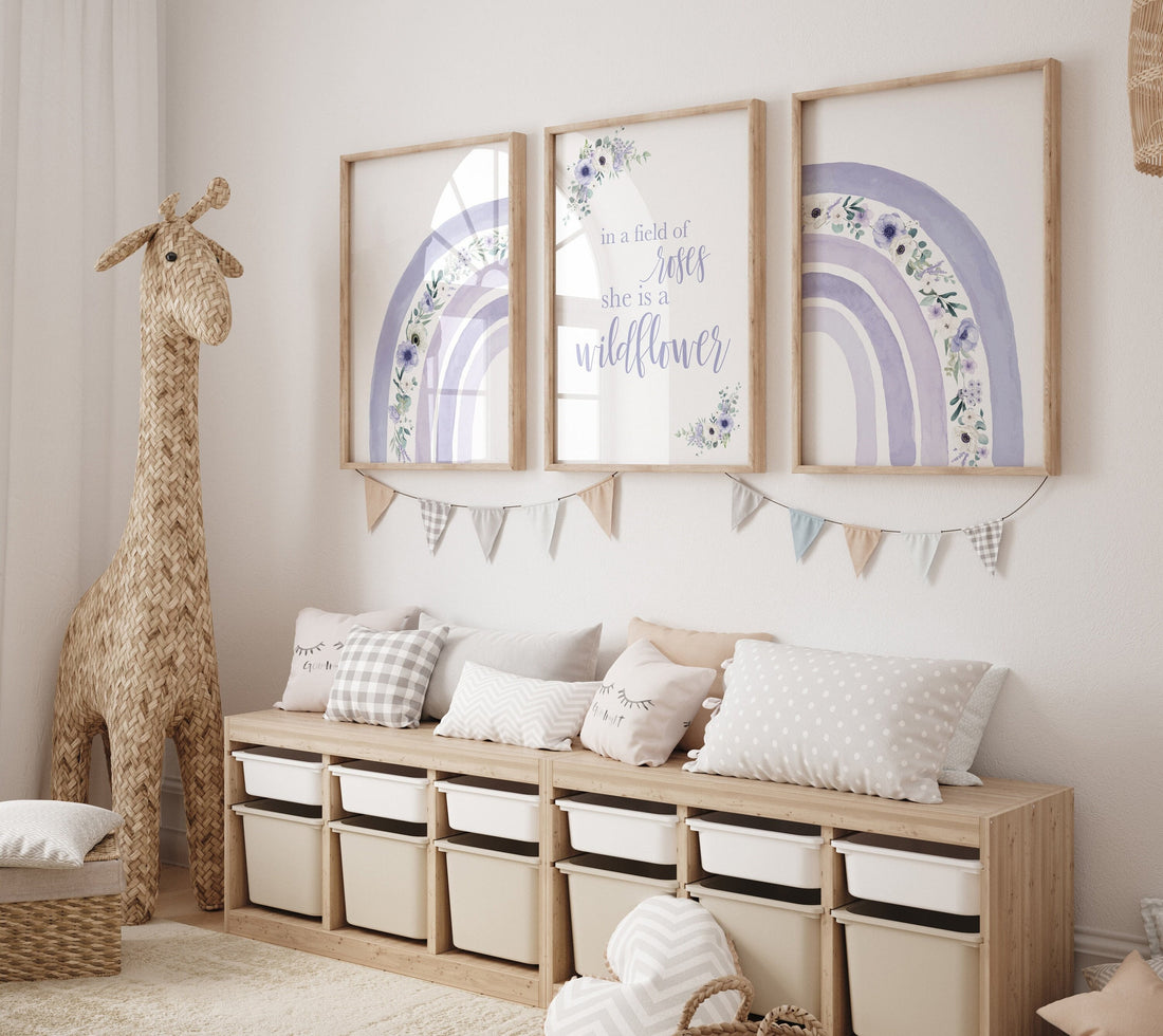 Purple Rainbow Nursery Art: Floral Girls Room Decor Print