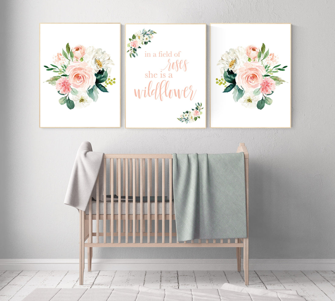 In a field of roses she is a wildflower, Nursery decor girl blush, nursery decor girl floral, peach nursery decor, flower nursery