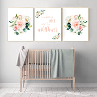 In a field of roses she is a wildflower, Nursery decor girl blush, nursery decor girl floral, peach nursery decor, flower nursery