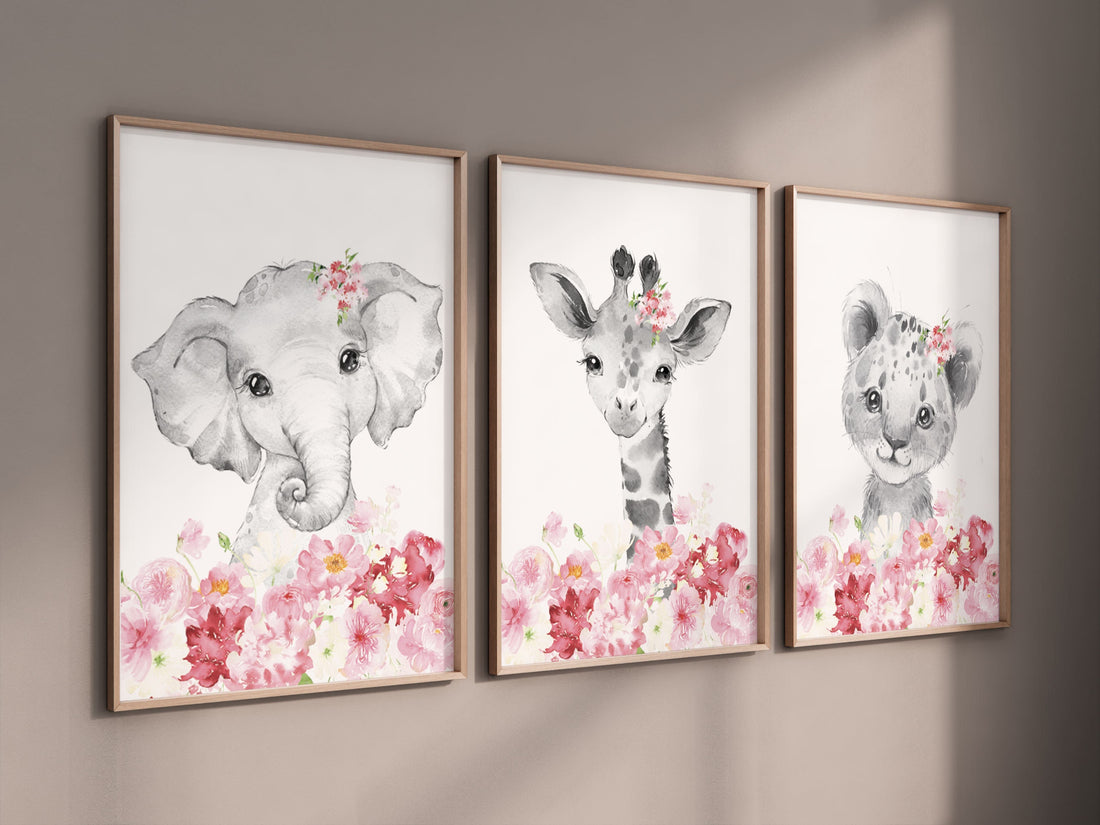 Safari Animals, girl nursery, Animals Prints, Woodland Nursery Decor, Safari Nursery Wall Art, floral animal prints, Pink Safari Animals