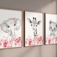 Safari Animals, girl nursery, Animals Prints, Woodland Nursery Decor, Safari Nursery Wall Art, floral animal prints, Pink Safari Animals