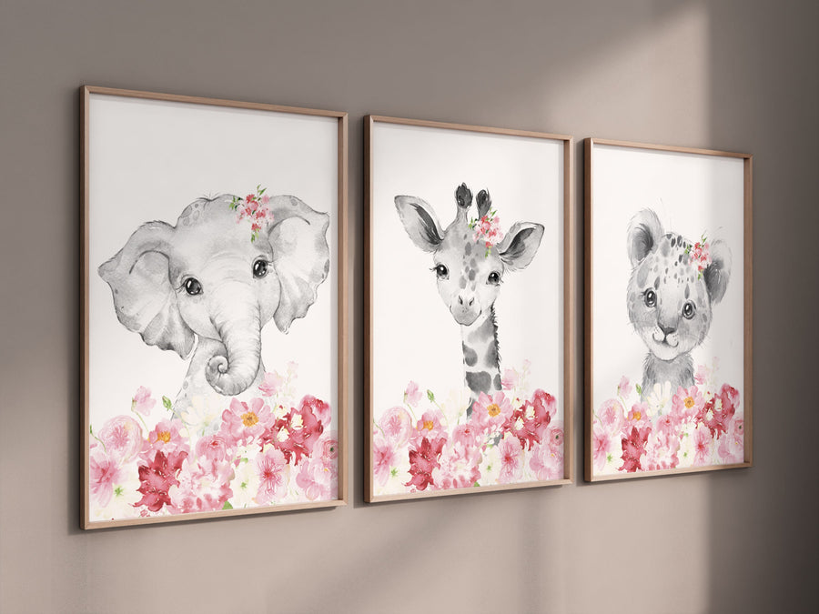 Safari Animals, girl nursery, Animals Prints, Woodland Nursery Decor, Safari Nursery Wall Art, floral animal prints, Pink Safari Animals
