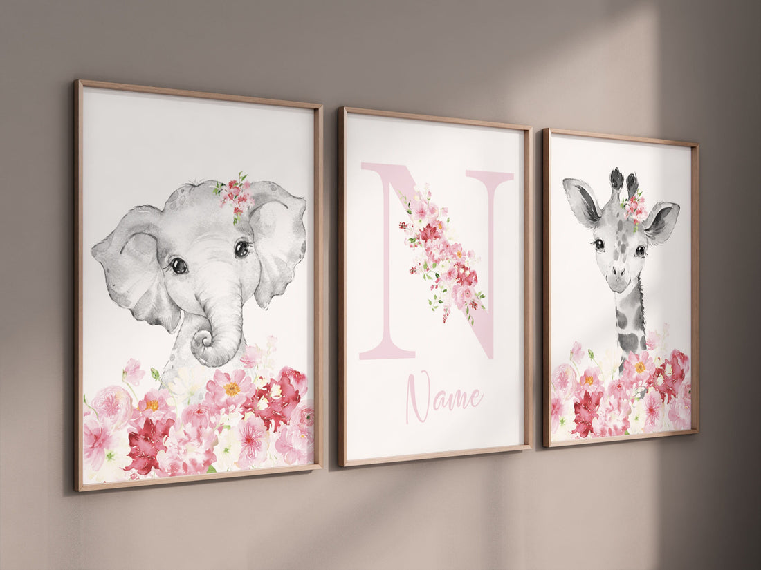 Safari Animals, girl nursery, Animals Prints, Woodland Nursery Decor, Safari Nursery Wall Art, floral animal prints, Pink Safari Animals