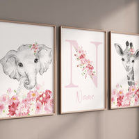 Safari Animals, girl nursery, Animals Prints, Woodland Nursery Decor, Safari Nursery Wall Art, floral animal prints, Pink Safari Animals