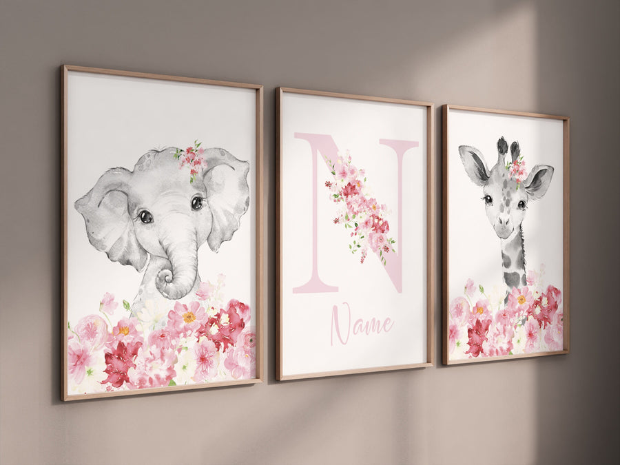 Safari Animals, girl nursery, Animals Prints, Woodland Nursery Decor, Safari Nursery Wall Art, floral animal prints, Pink Safari Animals