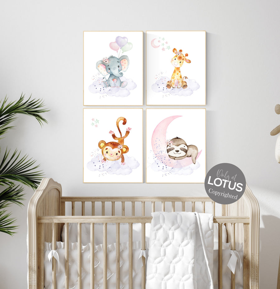 Animal nursery, jungle animals, elephant, giraffe, bear, bunny, nursery decor animals, Nursery wall art girl, girls room decor, woodland