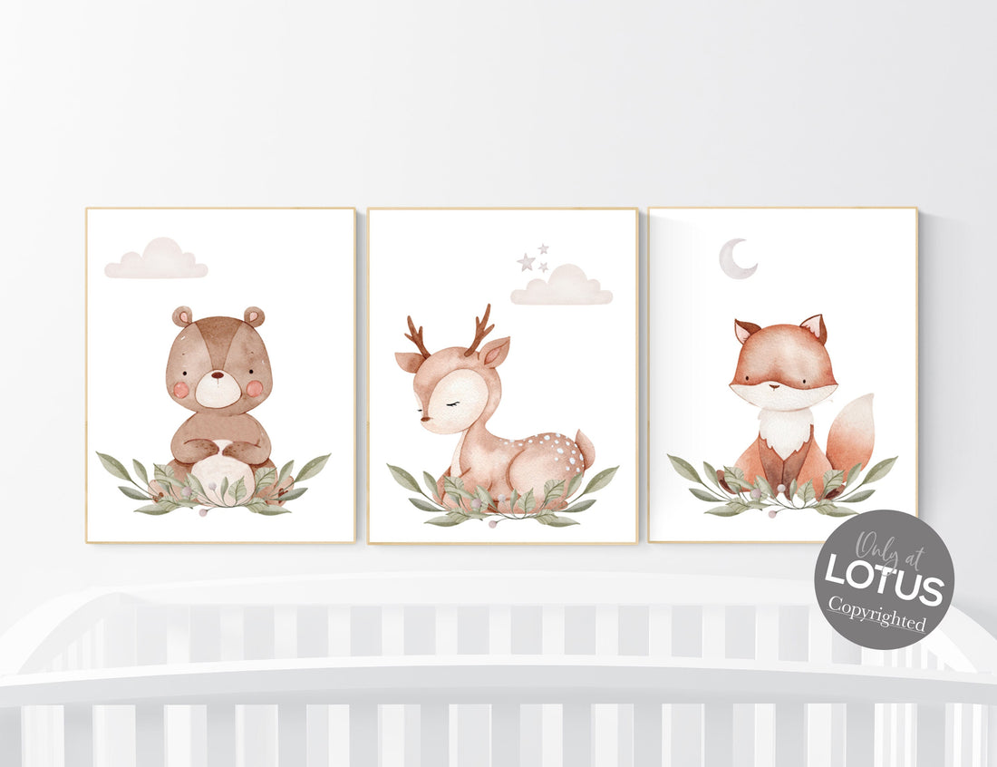 Animal nursery decor, woodland nursery prints, jungle animals, gender neutral nursery, Woodland Nursery, animal prints, fox, deer, raccoon