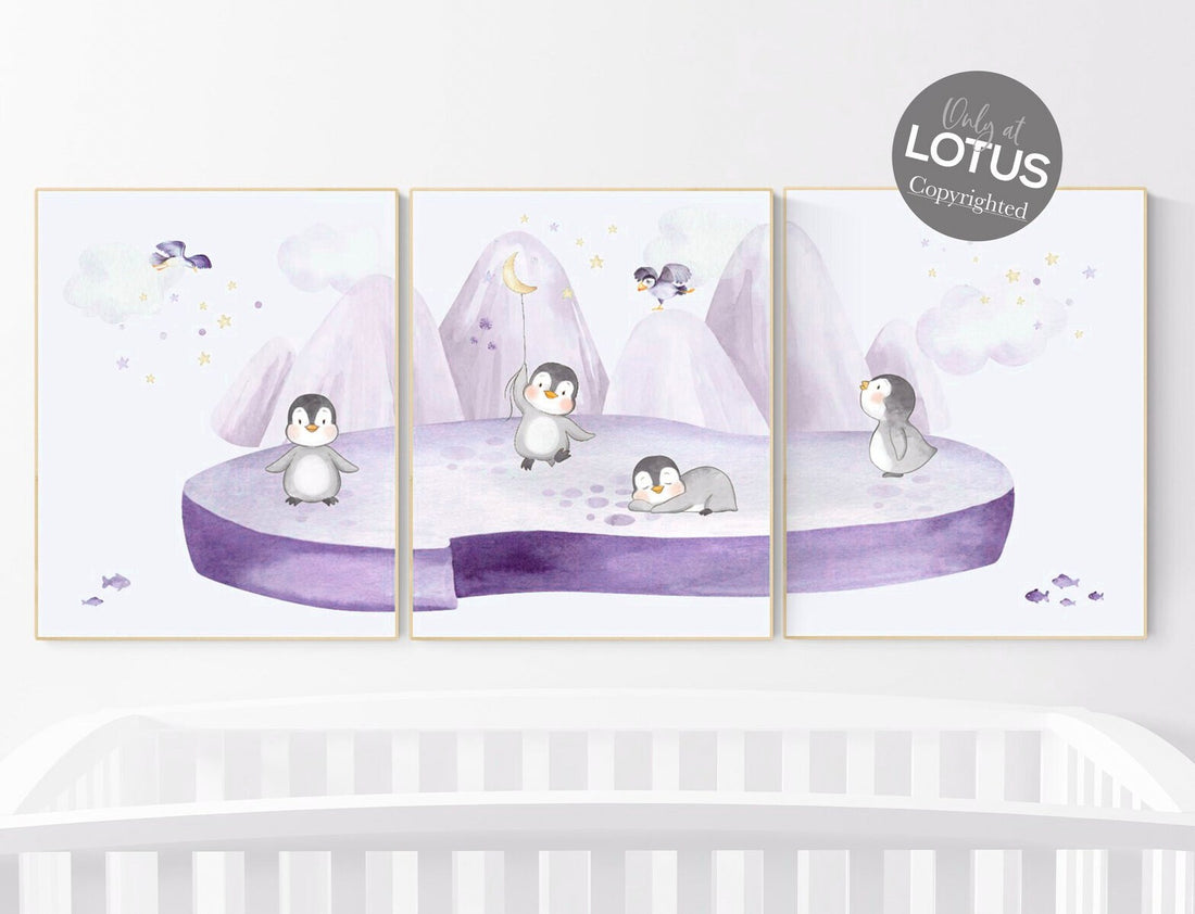 Penguin nursery decor, gender neutral nursery, purple nursery, Penguin nursery wall art, Penguin nursery prints, neutral nursery decor