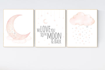 Blush nursery decor Nursery decor girl, nursery wall art, blush pink, moon star, cloud nursery, we love you to the moon and back, girl room