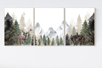 Nursery decor woodland, mountain wall art, tree nursery decor, adventure theme nursery, forest, sage green, beige, woodland animals