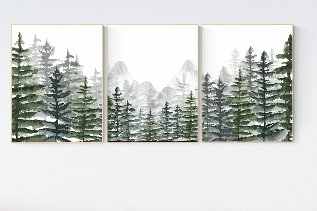 Nursery decor boy mountain, woodland nursery, sage green, adventure theme nursery, woodland, gender neutral, forest nursery, mountains, tree