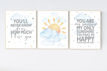 Nursery decor yellow and blue, sunshine nursery, gender neutral nursery wall art, you are my sunshine, sun, cloud, baby room, blue yellow